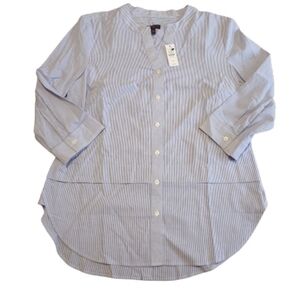 Talbots Pinstripe Blouse Button Down Cotton‎ NWT Navy Blue White Petite Medium